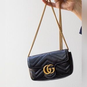 FULL SET GUCCI GG Marmont Super Mini Shoulder Bag Black Leather Gold Circa 2020